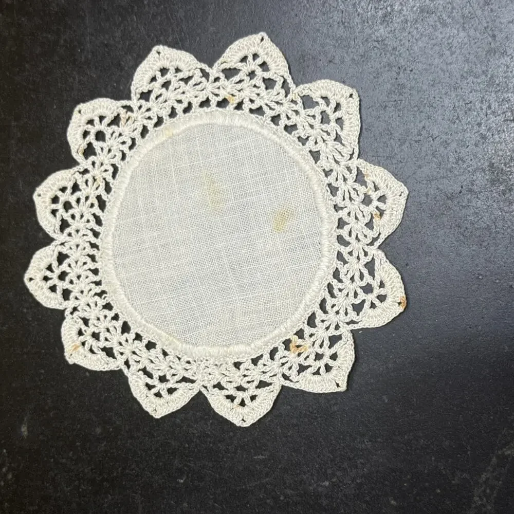 Vintage Oval Linen Crochet Lace Doily Coasters Set of 4 Flower Border